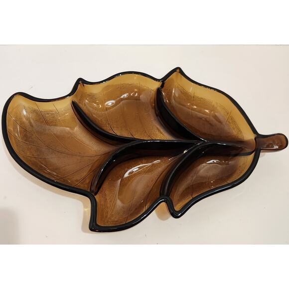 Vintage Amber Glass Leaf Divided Serving Dish 13" Mid Century Retro Leaf Tray - Picture 1 of 7